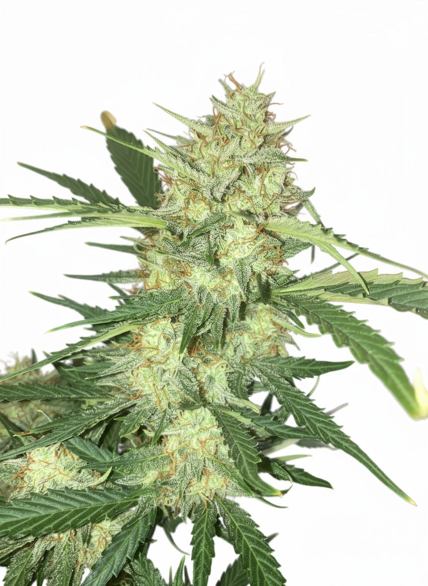 Close-up of a cannabis plant with visible buds and leaves.